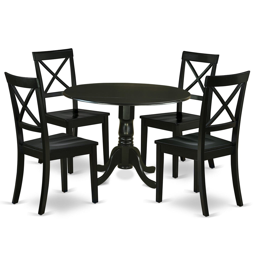 East West Furniture DLBO5-BLK-W 5 Piece Dinette Set for 4 Includes a Round Dining Room Table with Dropleaf and 4 Kitchen Dining Chairs, 42x42 Inch, Black