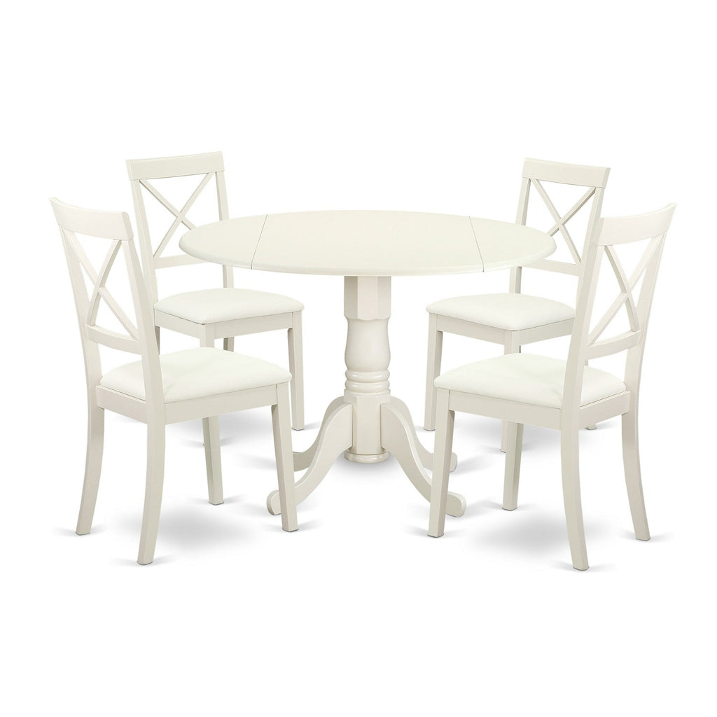 East West Furniture DLBO5-LWH-LC 5 Piece Dining Room Furniture Set Includes a Round Kitchen Table with Dropleaf and 4 Faux Leather Upholstered Dining Chairs, 42x42 Inch, Linen White