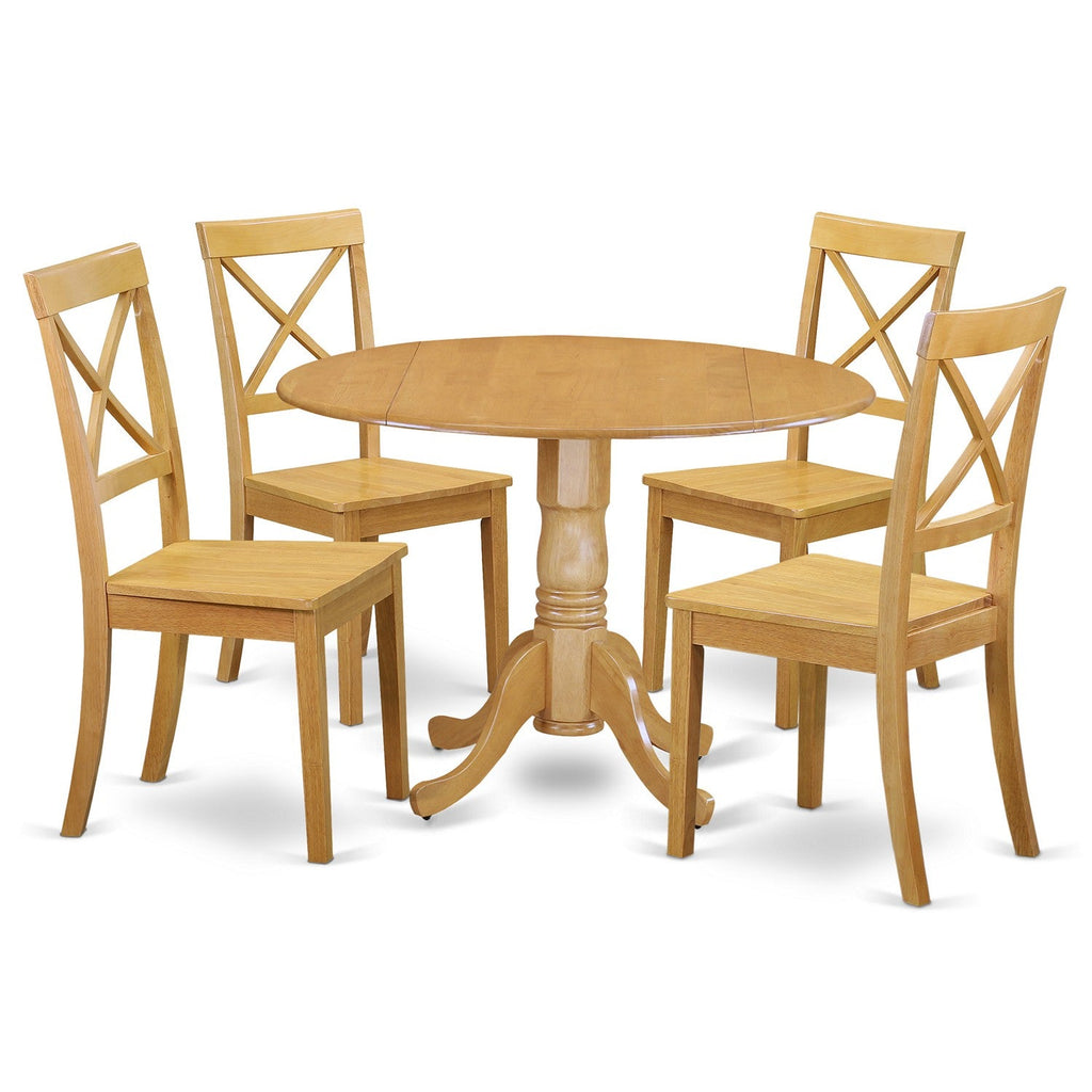 East West Furniture DLBO5-OAK-W 5 Piece Dining Set Includes a Round Dining Room Table with Dropleaf and 4 Kitchen Chairs, 42x42 Inch, Oak