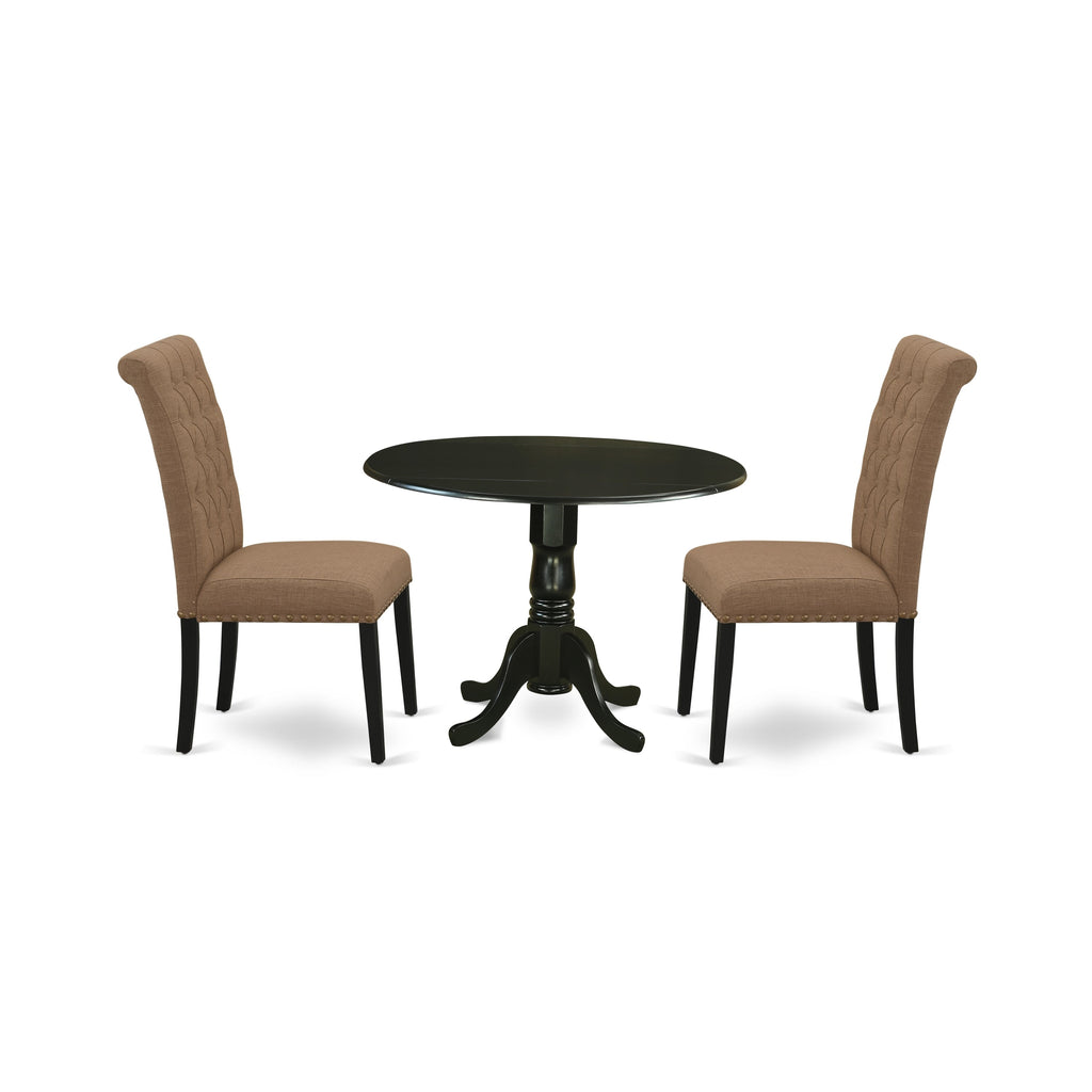 East West Furniture DLBR3-BLK-17 3 Piece Dining Room Furniture Set Contains a Round Dining Table with Dropleaf and 2 Light Sable Linen Fabric Upholstered Chairs, 42x42 Inch, Black
