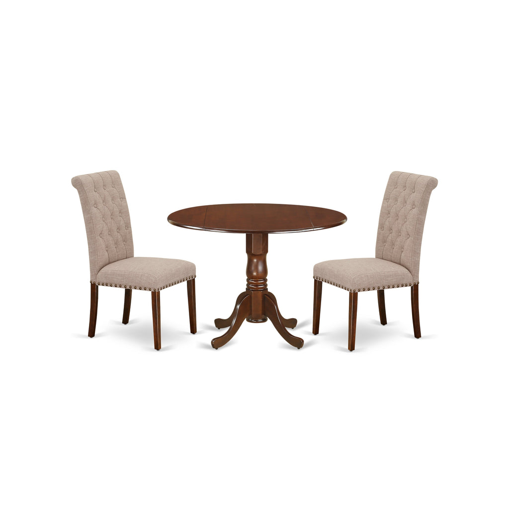 East West Furniture DLBR3-MAH-04 3 Piece Dining Room Furniture Set Contains a Round Dining Table with Dropleaf and 2 Light Tan Linen Fabric Parsons Chairs, 42x42 Inch, Mahogany