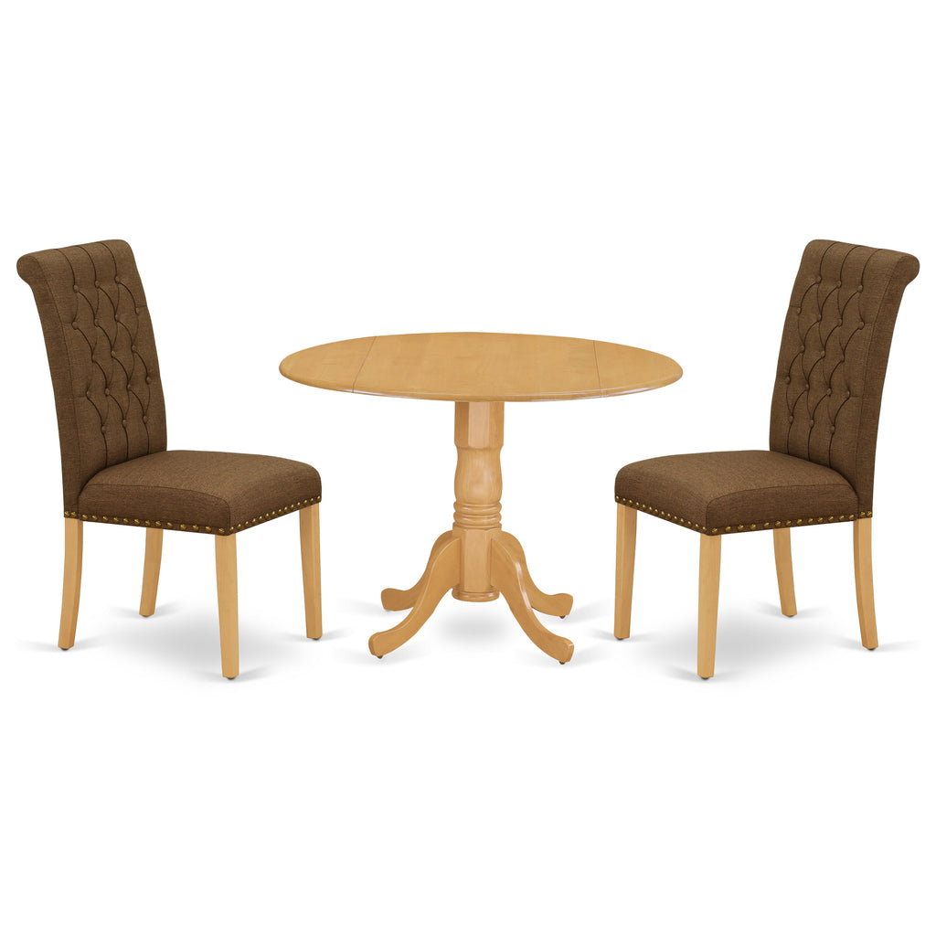 East West Furniture DLBR3-OAK-18 3 Piece Kitchen Table & Chairs Set Contains a Round Dining Table with Dropleaf and 2 Brown Linen Linen Fabric Upholstered Chairs, 42x42 Inch, Oak