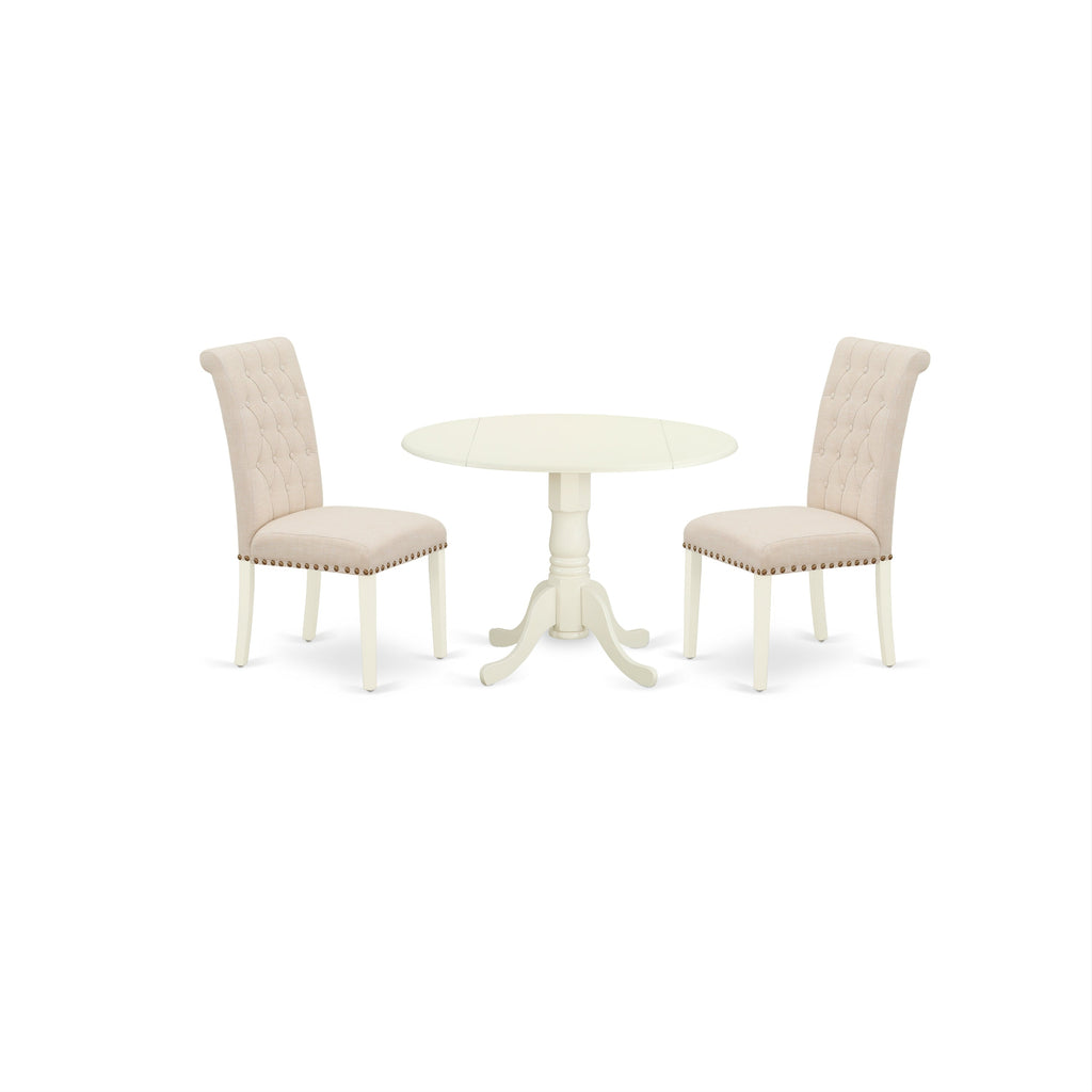 East West Furniture DLBR3-WHI-02 3 Piece Modern Dining Table Set Contains a Round Wooden Table with Dropleaf and 2 Light Beige Linen Fabric Parson Dining Chairs, 42x42 Inch, Linen White