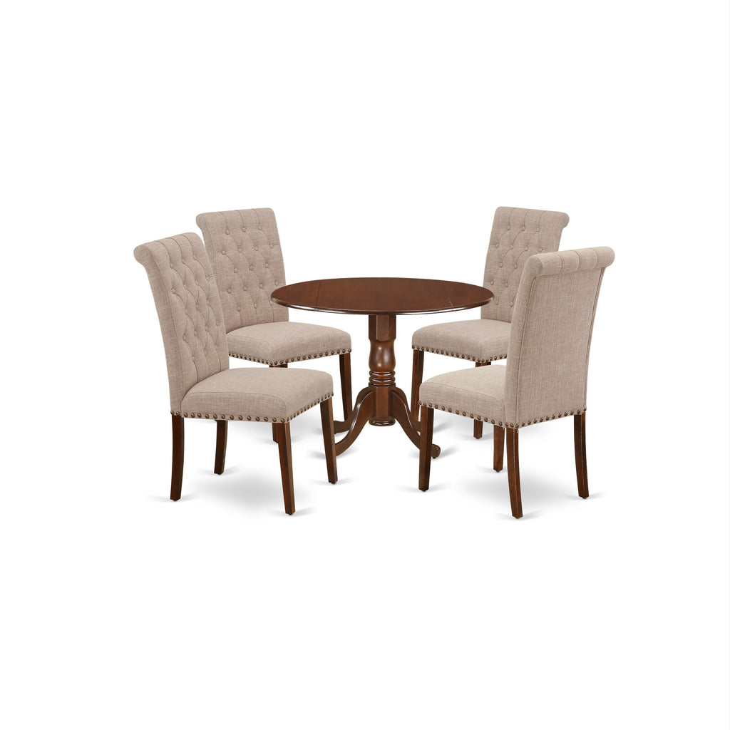 East West Furniture DLBR5-MAH-04 5 Piece Dining Room Furniture Set Includes a Round Dining Table with Dropleaf and 4 Light Tan Linen Fabric Upholstered Chairs, 42x42 Inch, Mahogany