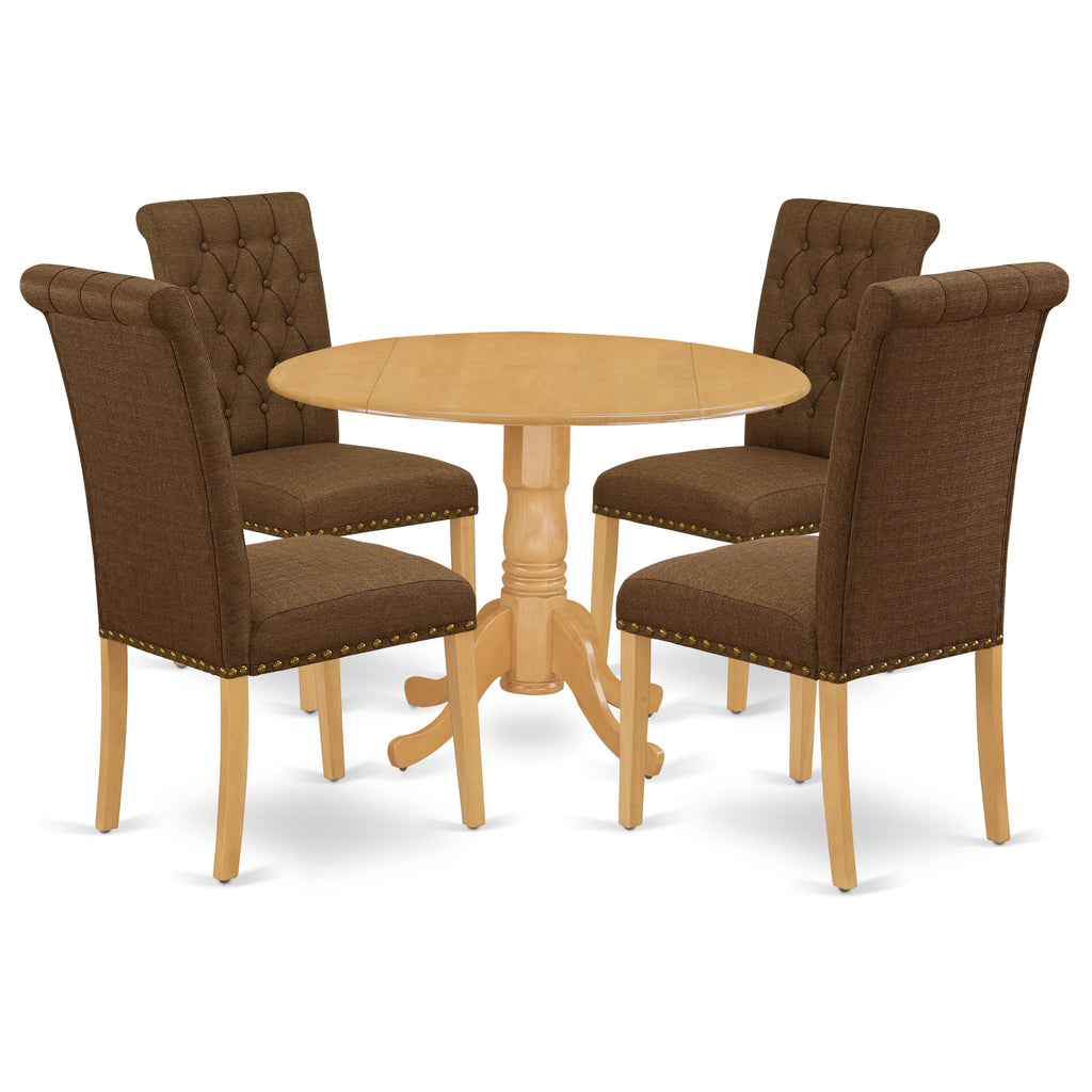 East West Furniture DLBR5-OAK-18 5 Piece Dining Room Table Set Includes a Round Dining Table with Dropleaf and 4 Brown Linen Linen Fabric Upholstered Parson Chairs, 42x42 Inch, Oak