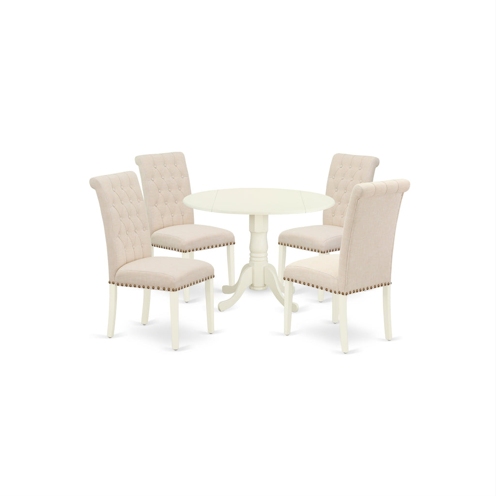 East West Furniture DLBR5-WHI-02 5 Piece Dining Table Set for 4 Includes a Round Kitchen Table with Dropleaf and 4 Light Beige Linen Fabric Upholstered Chairs, 42x42 Inch, Linen White