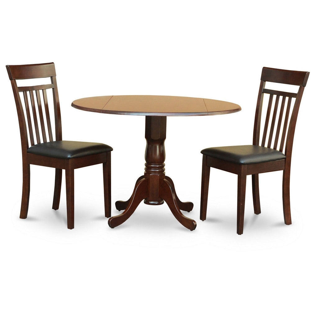 East West Furniture DLCA3-MAH-LC 3 Piece Dining Set Contains a Round Dining Table with Dropleaf and 2 Faux Leather Kitchen Room Chairs, 42x42 Inch, Mahogany