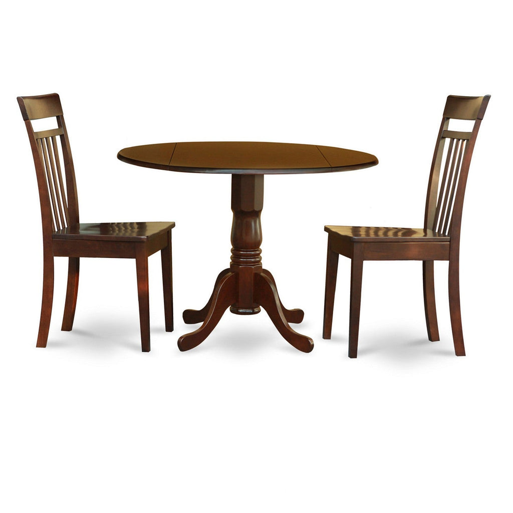 East West Furniture DLCA3-MAH-W 3 Piece Kitchen Table Set for Small Spaces Contains a Round Dining Room Table with Dropleaf and 2 Dining Chairs, 42x42 Inch, Mahogany