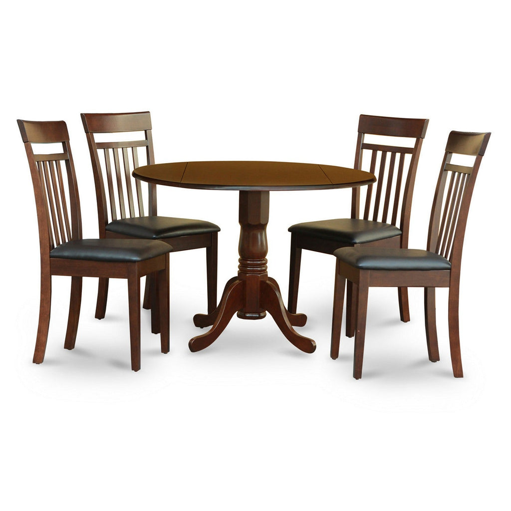 East West Furniture DLCA5-MAH-LC 5 Piece Dining Room Furniture Set Includes a Round Kitchen Table with Dropleaf and 4 Faux Leather Upholstered Dining Chairs, 42x42 Inch, Mahogany