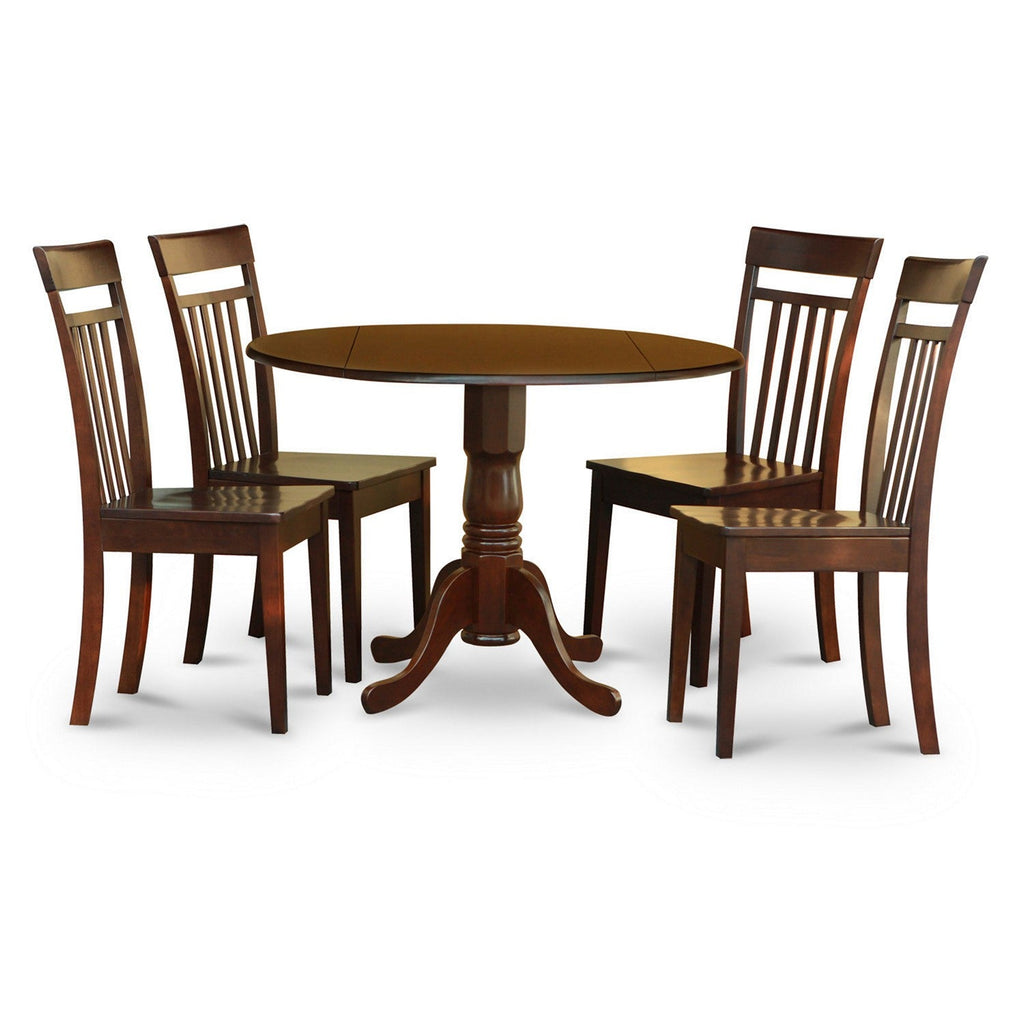 East West Furniture DLCA5-MAH-W 5 Piece Dining Set Includes a Round Dining Room Table with Dropleaf and 4 Wood Seat Chairs, 42x42 Inch, Mahogany