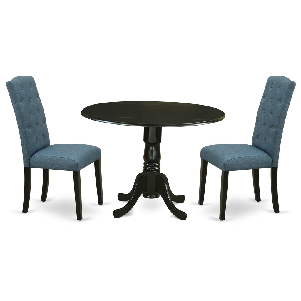 East West Furniture DLCE3-BLK-21 3 Piece Dining Table Set Contains a Round Dining Room Table with Dropleaf and 2 Mineral Blue Linen Fabric Upholstered Chairs, 42x42 Inch, Black