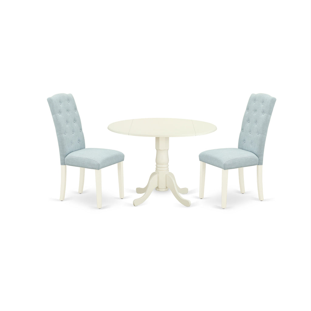 East West Furniture DLCE3-WHI-15 3 Piece Dining Table Set Contains a Round Dining Room Table with Dropleaf and 2 Baby Blue Linen Fabric Upholstered Chairs, 42x42 Inch, Linen White