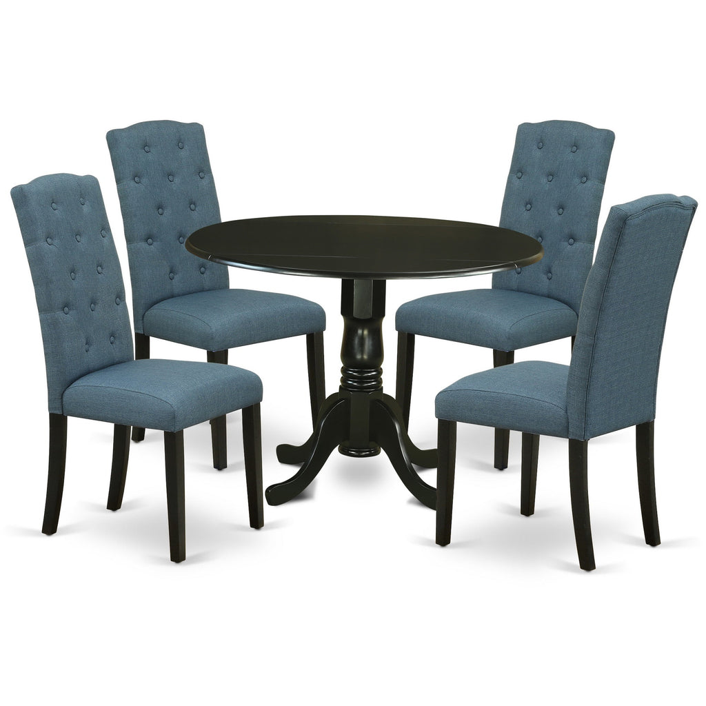 East West Furniture DLCE5-BLK-21 5 Piece Kitchen Table & Chairs Set Includes a Round Dining Table with Dropleaf and 4 Mineral Blue Linen Fabric Upholstered Chairs, 42x42 Inch, Black