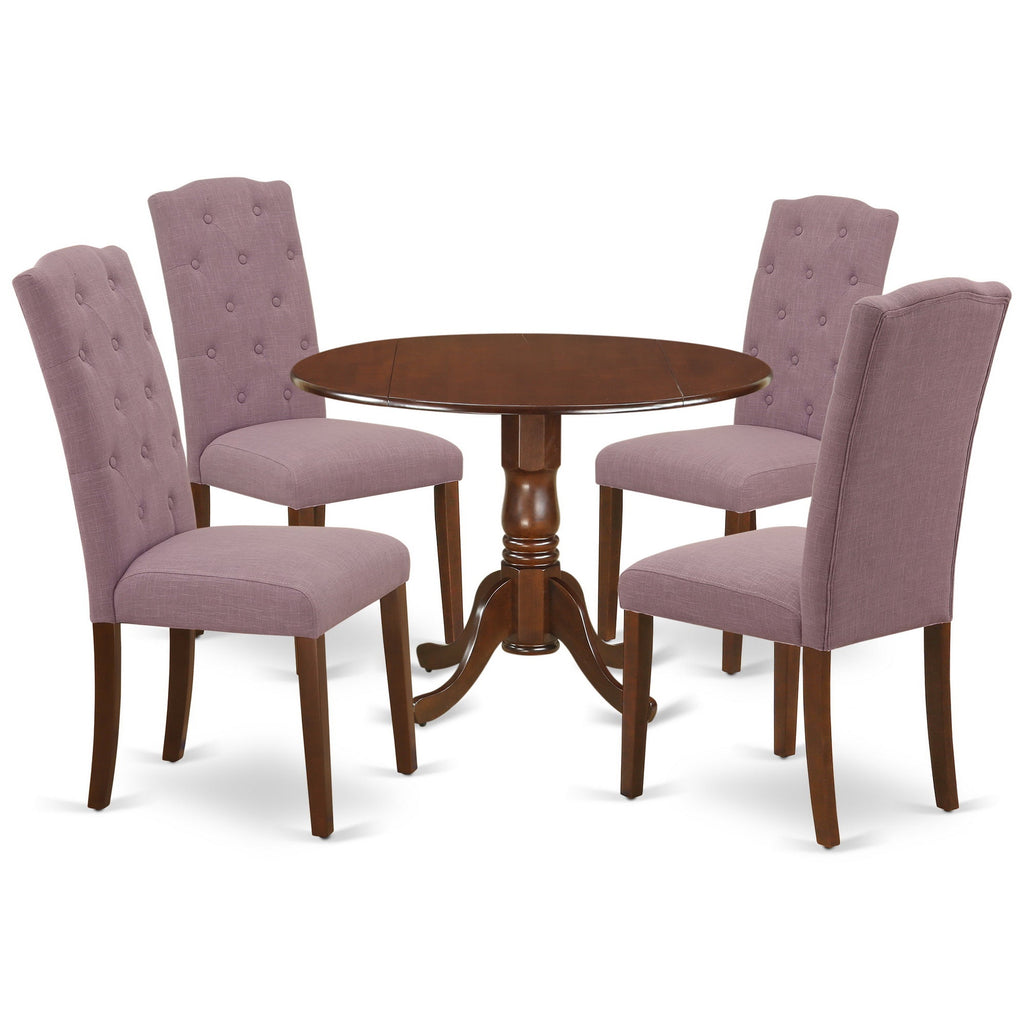 East West Furniture DLCE5-MAH-10 5 Piece Dining Room Table Set Includes a Round Kitchen Table with Dropleaf and 4 Dahlia Linen Fabric Parson Dining Chairs, 42x42 Inch, Mahogany