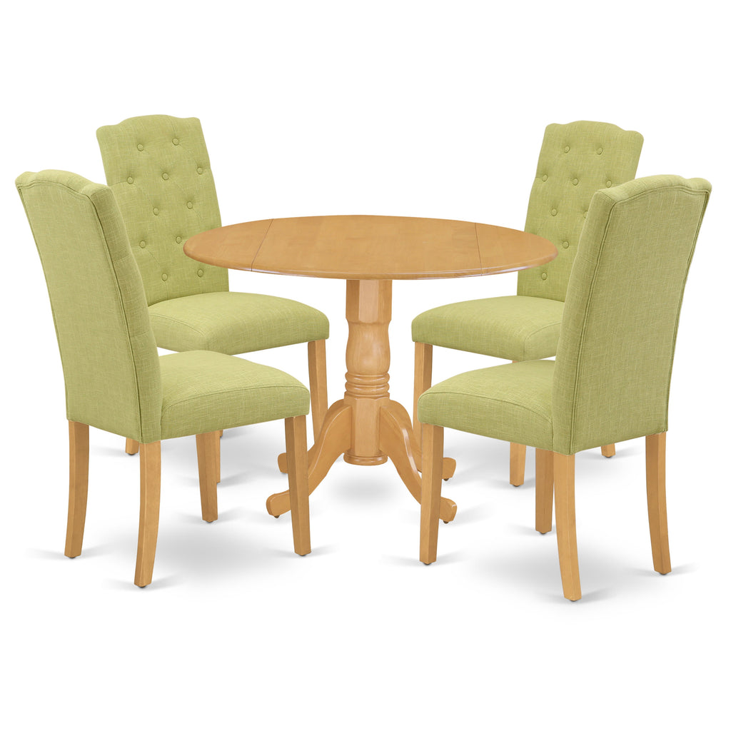 East West Furniture DLCE5-OAK-07 5 Piece Dining Table Set for 4 Includes a Round Kitchen Table with Dropleaf and 4 Limelight Linen Fabric Parson Dining Chairs, 42x42 Inch, Oak