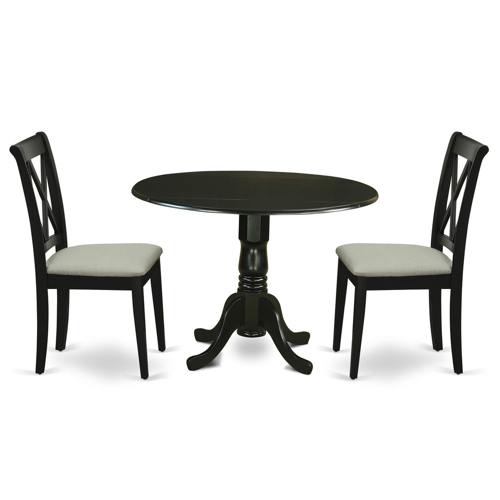 East West Furniture DLCL3-BLK-C 3 Piece Modern Dining Table Set Contains a Round Wooden Table with Dropleaf and 2 Linen Fabric Upholstered Dining Chairs, 42x42 Inch, Black