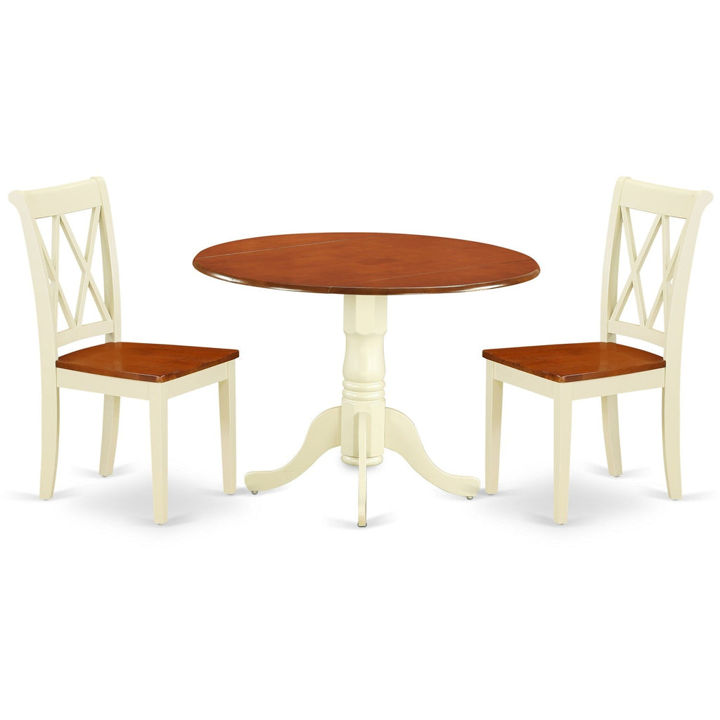 East West Furniture DLCL3-BMK-W 3 Piece Dinette Set for Small Spaces Contains a Round Dining Table with Dropleaf and 2 Dining Chairs, 42x42 Inch, Buttermilk & Cherry