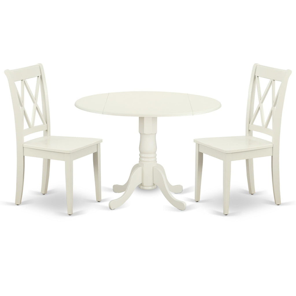 East West Furniture DLCL3-LWH-W 3 Piece Dining Room Table Set Contains a Round Dining Table with Dropleaf and 2 Wood Seat Chairs, 42x42 Inch, Linen White