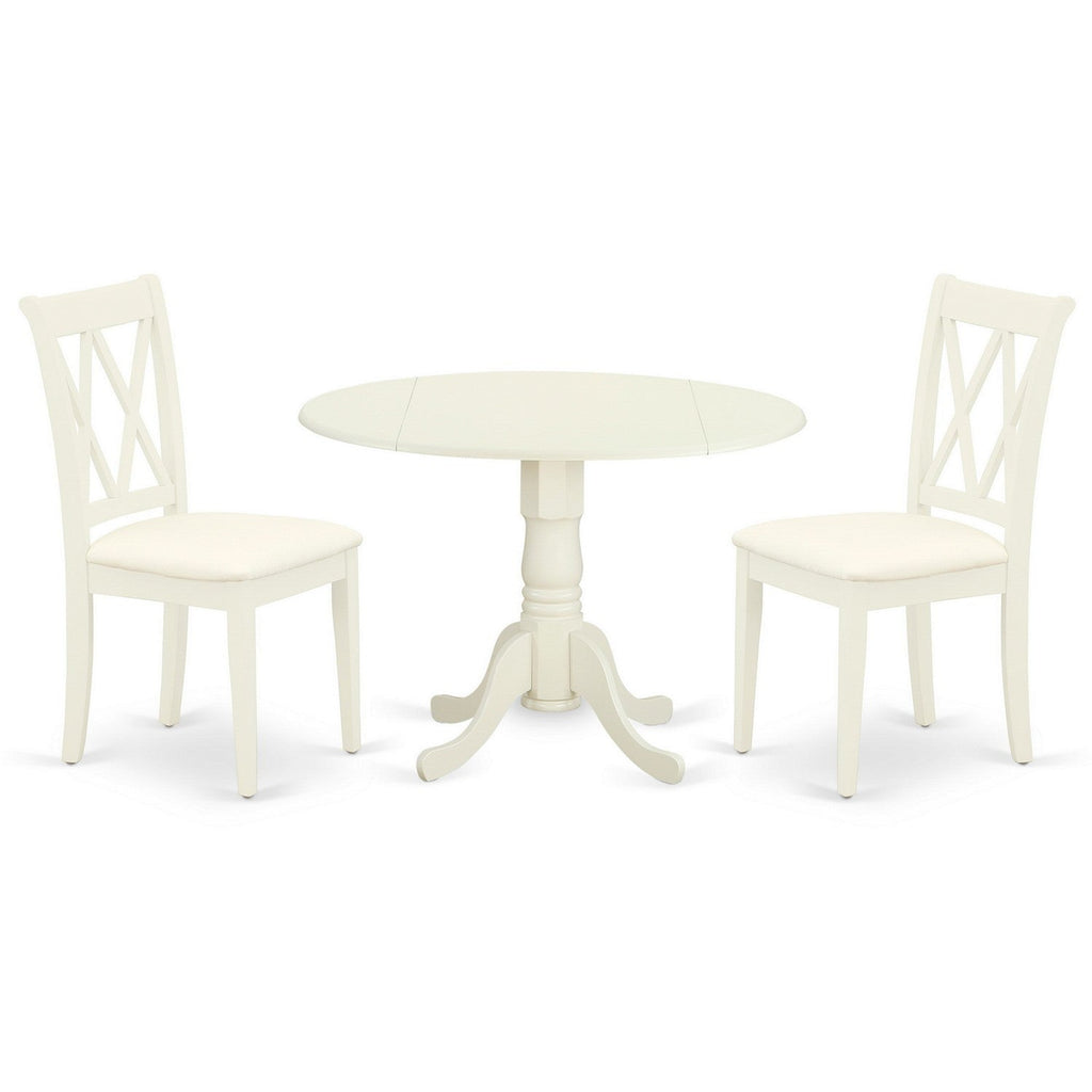 East West Furniture DLCL3-WHI-C 3 Piece Dining Table Set for Small Spaces Contains a Round Dining Room Table with Dropleaf and 2 Linen Fabric Upholstered Chairs, 42x42 Inch, Linen White