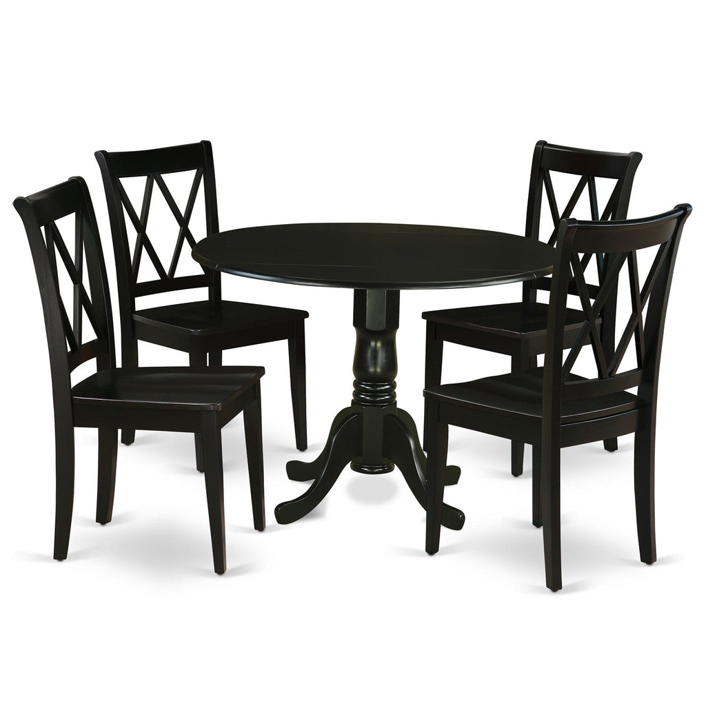 East West Furniture DLCL5-BLK-W 5 Piece Dining Table Set for 4 Includes a Round Kitchen Table with Dropleaf and 4 Dining Room Chairs, 42x42 Inch, Black