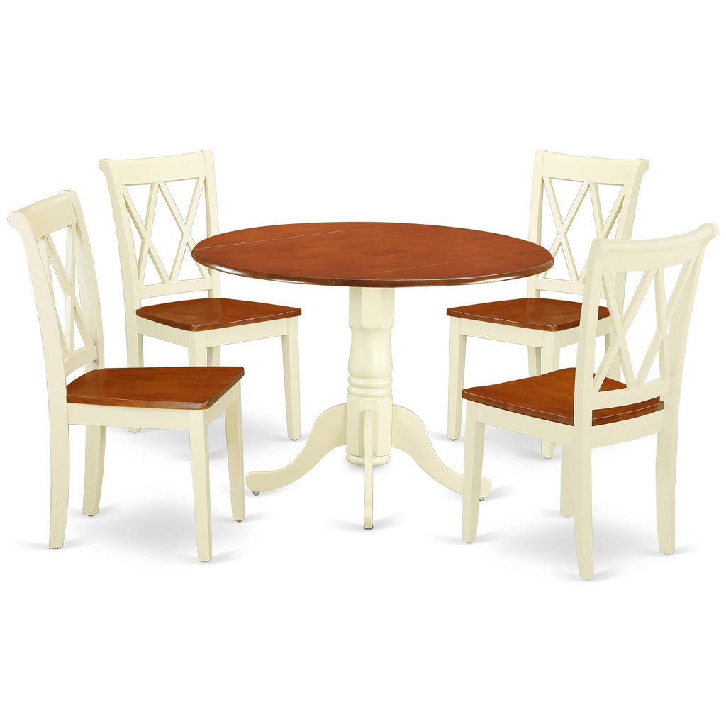 East West Furniture DLCL5-BMK-W 5 Piece Dining Room Table Set Includes a Round Dining Table with Dropleaf and 4 Wood Seat Chairs, 42x42 Inch, Buttermilk & Cherry