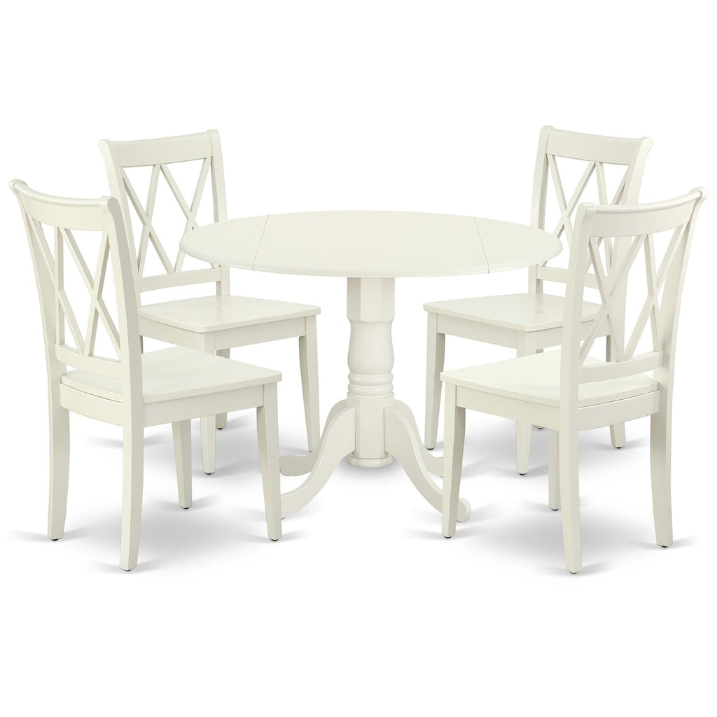East West Furniture DLCL5-LWH-W 5 Piece Dining Set Includes a Round Dining Room Table with Dropleaf and 4 Wood Seat Chairs, 42x42 Inch, Linen White