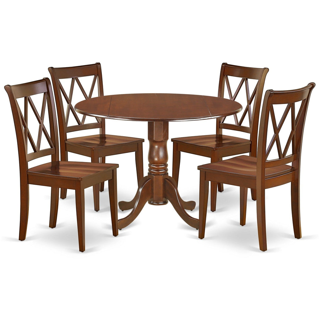 East West Furniture DLCL5-MAH-W 5 Piece Dining Room Table Set Includes a Round Dining Table with Dropleaf and 4 Wood Seat Chairs, 42x42 Inch, Mahogany