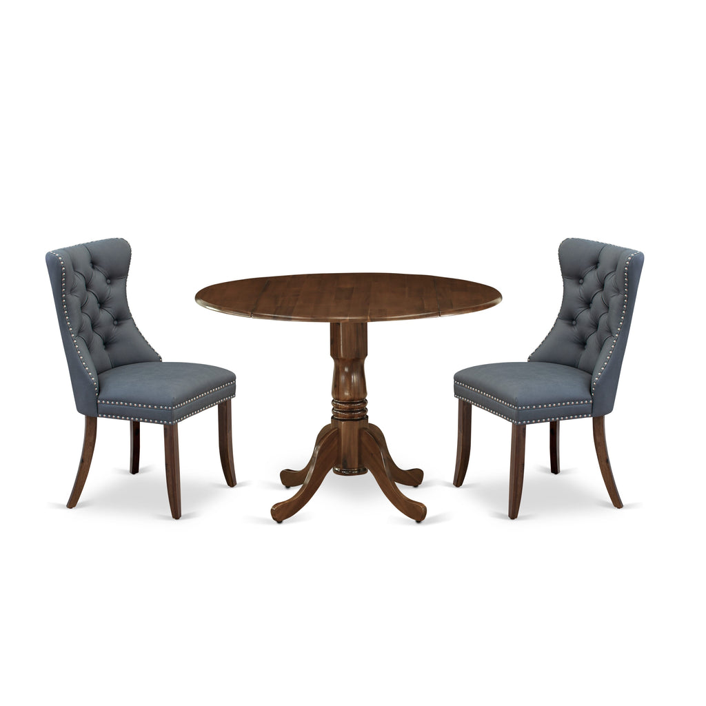 East West Furniture DLDA3-AWA-13 3 Piece Dining Set Consists of a Round Kitchen Table with Dropleaf and 2 Upholstered Parson Chairs, 42x42 Inch, Antique Walnut