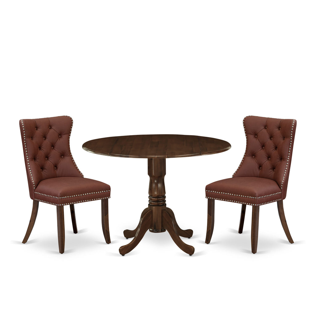 East West Furniture DLDA3-AWA-26 3 Piece Dining Table Set Contains a Round Kitchen Table with Dropleaf and 2 Upholstered Parson Chairs, 42x42 Inch, Antique Walnut