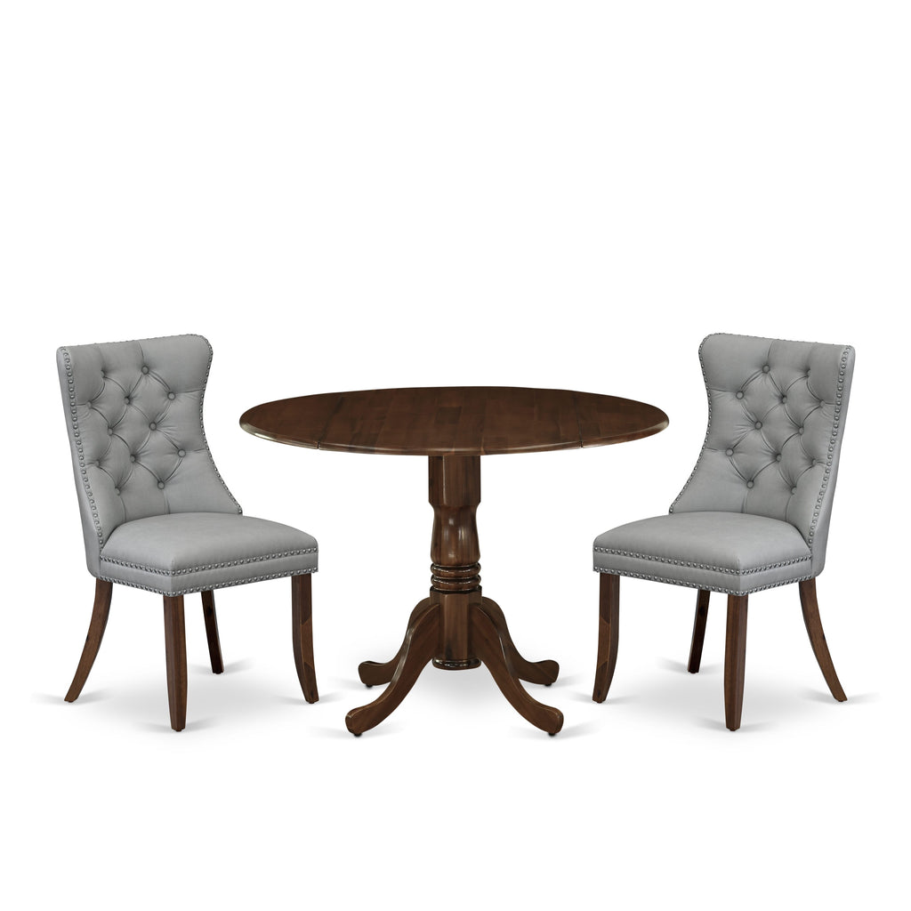 East West Furniture DLDA3-AWA-27 3 Piece Dining Table Set Contains a Round Kitchen Table with Dropleaf and 2 Upholstered Parson Chairs, 42x42 Inch, Antique Walnut