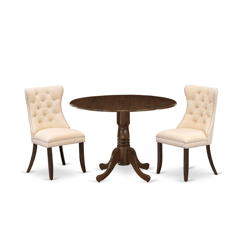 East West Furniture DLDA3-AWA-32 3 Piece Dining Table Set Contains a Round Kitchen Table with Dropleaf and 2 Upholstered Chairs, 42x42 Inch, Antique Walnut