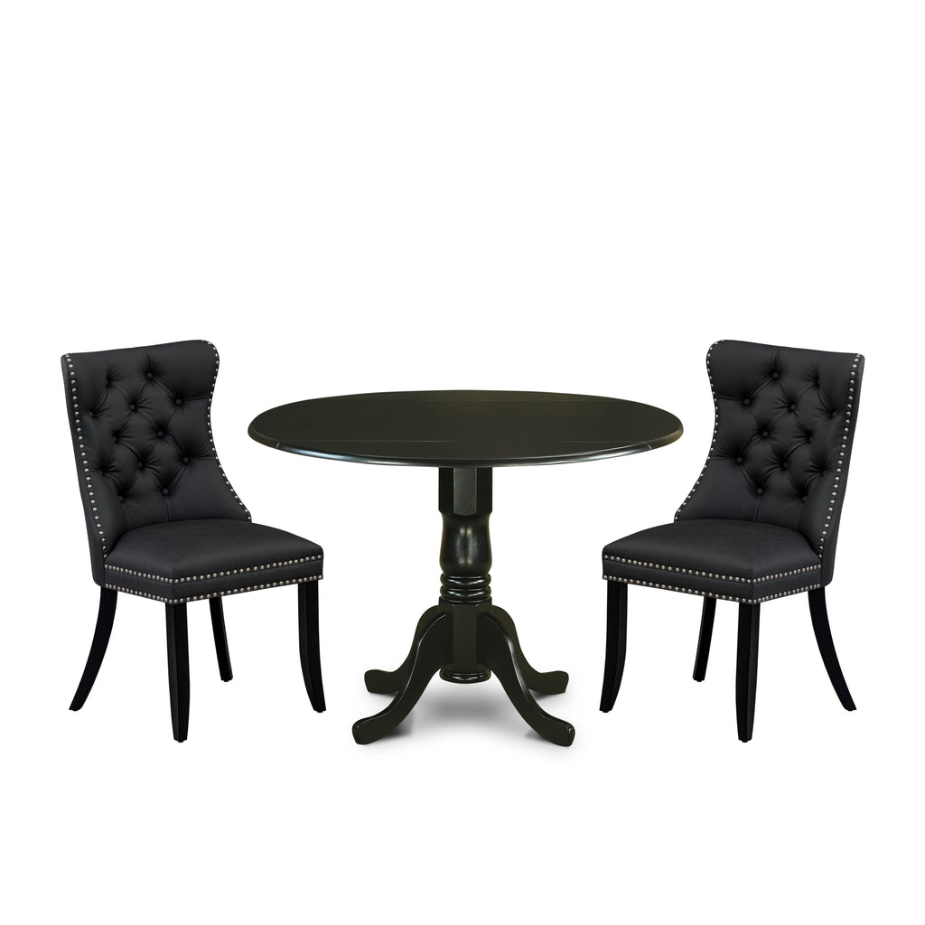 East West Furniture DLDA3-BLK-12 3 Piece Dining Table Set Contains a Round Kitchen Table with Dropleaf and 2 Upholstered Parson Chairs, 42x42 Inch, Black