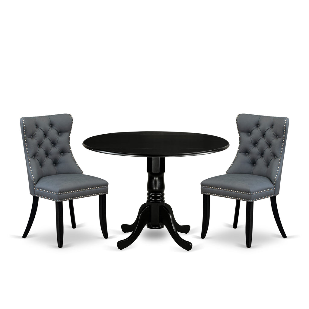 East West Furniture DLDA3-BLK-13 3 Piece Dining Table Set Consists of a Round Kitchen Table with Dropleaf and 2 Upholstered Parson Chairs, 42x42 Inch, Black