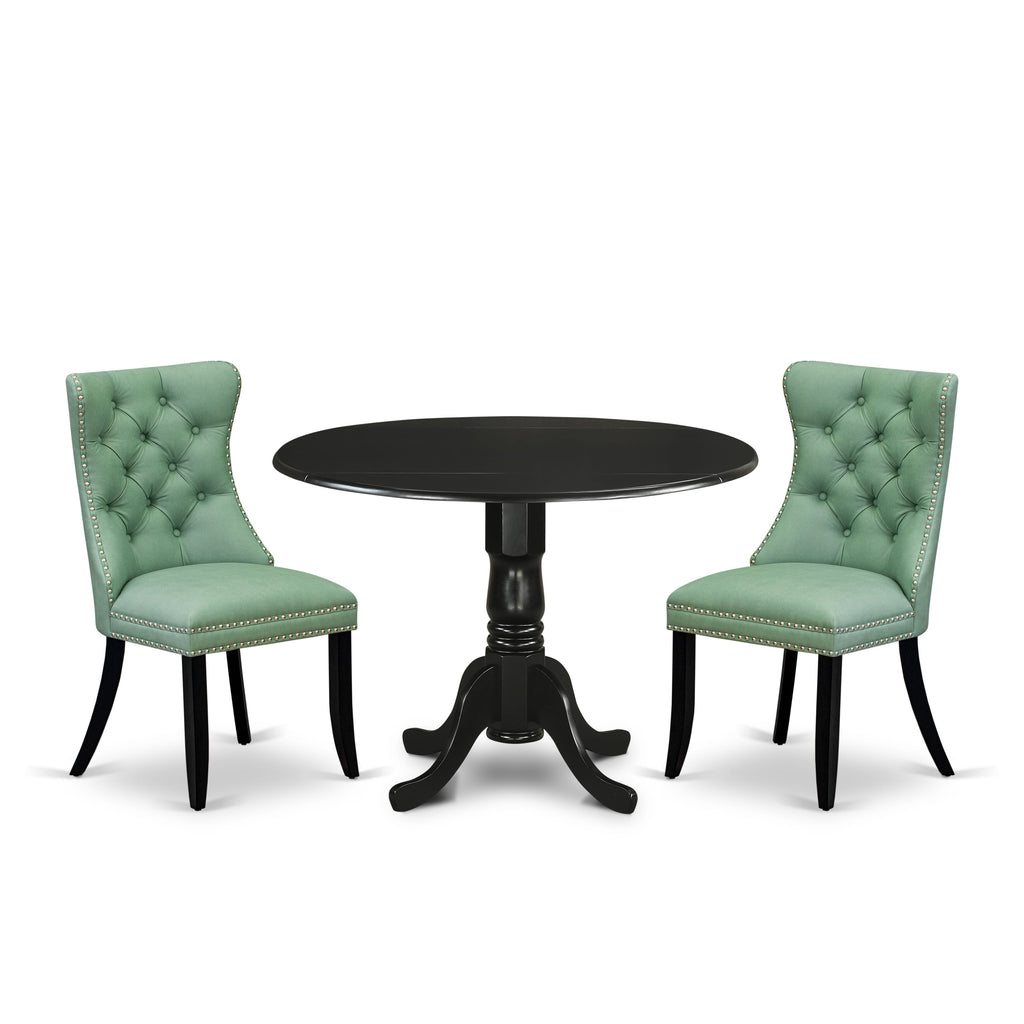 East West Furniture DLDA3-BLK-22 3 Piece Kitchen Table Set Consists of a Round Dining Table with Dropleaf and 2 Upholstered Chairs, 42x42 Inch, Black