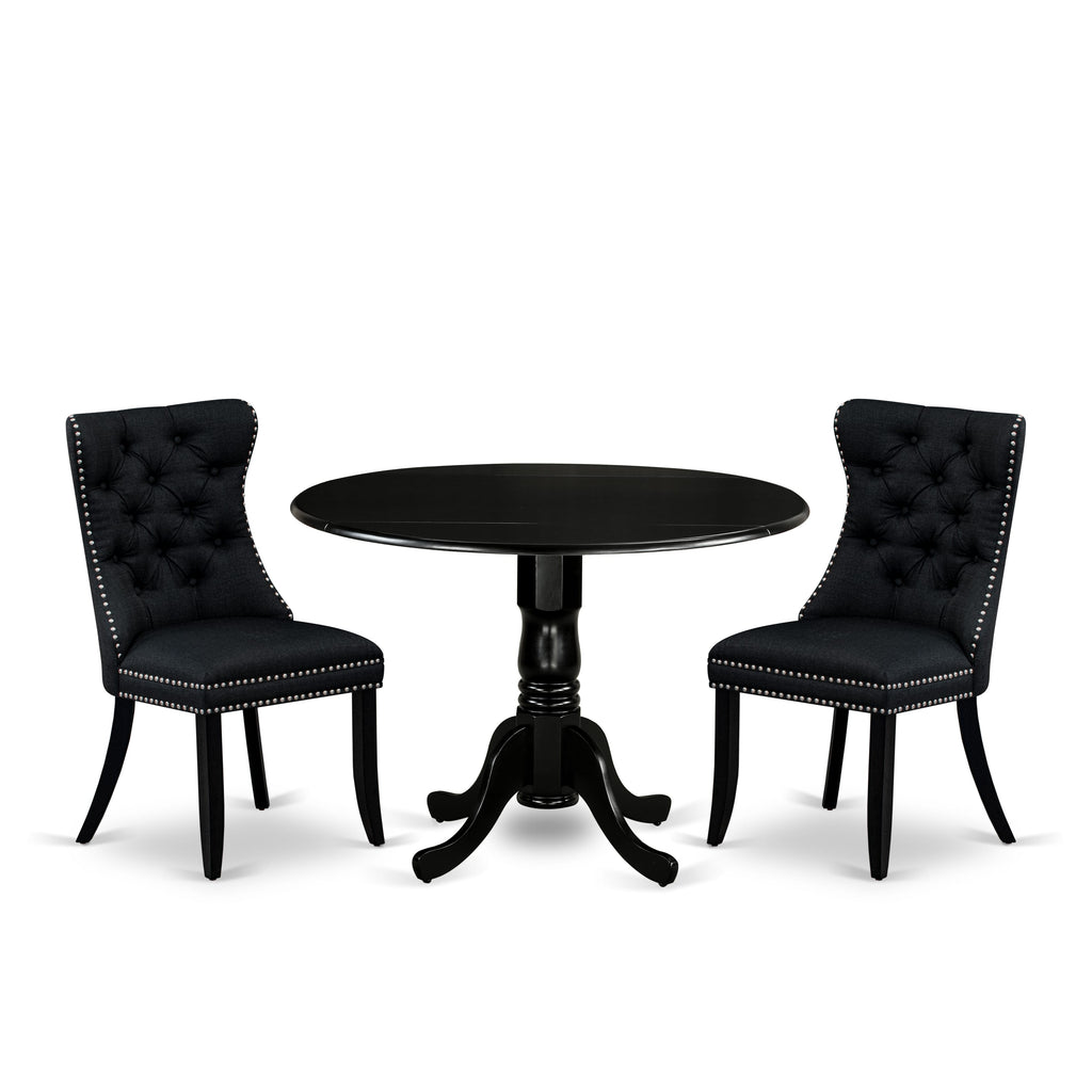 East West Furniture DLDA3-BLK-24 3 Piece Dining Set Includes a Round Kitchen Table with Dropleaf and 2 Upholstered Parson Chairs, 42x42 Inch, Black