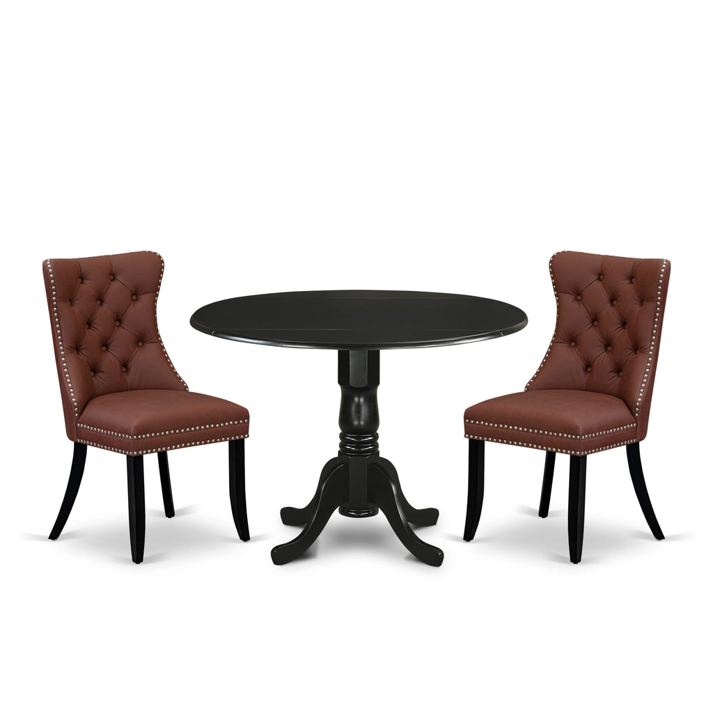 East West Furniture DLDA3-BLK-26 3 Piece Dining Room Furniture Set Includes a Round Kitchen Table with Dropleaf and 2 Upholstered Chairs, 42x42 Inch, Black