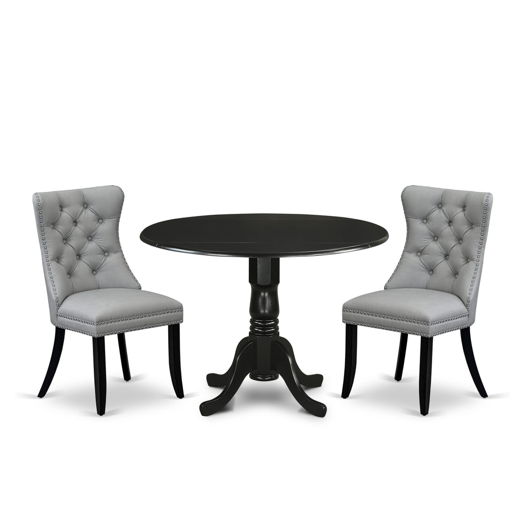 East West Furniture DLDA3-BLK-27 3 Piece Kitchen Table & Chairs Set Includes a Round Dining Table with Dropleaf and 2 Parson Chairs, 42x42 Inch, Black