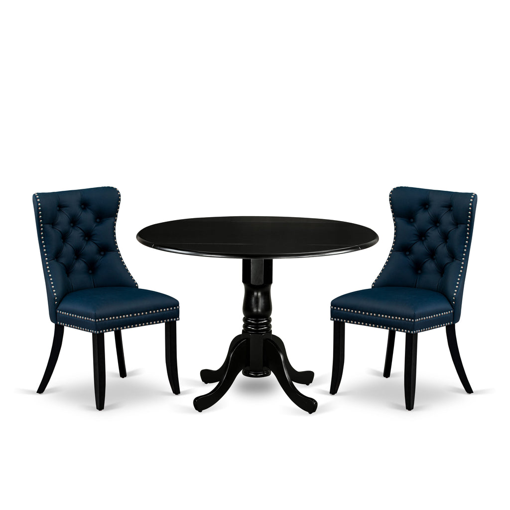 East West Furniture DLDA3-BLK-29 3 Piece Dining Room Furniture Set Includes a Round Kitchen Table with Dropleaf and 2 Upholstered Chairs, 42x42 Inch, Black