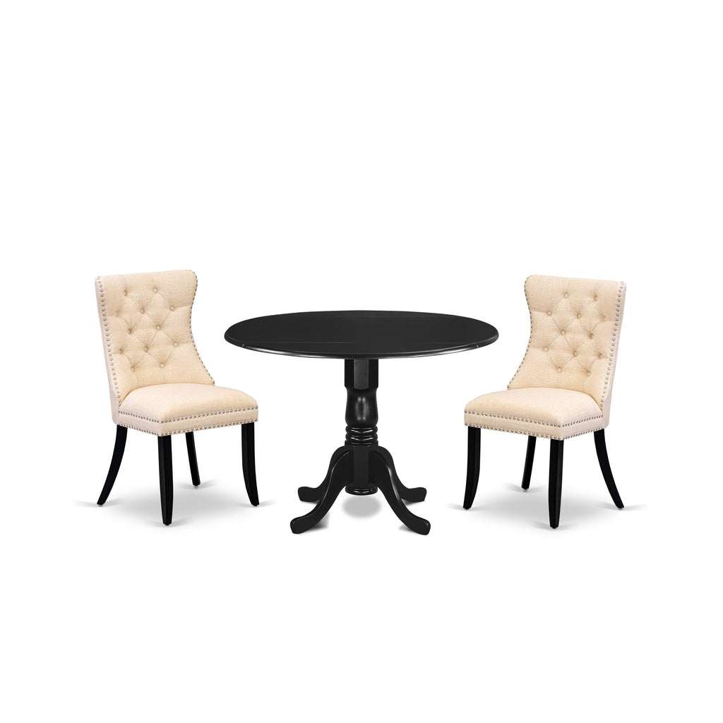 East West Furniture DLDA3-BLK-32 3 Piece Dining Table Set Includes a Round Kitchen Table with Dropleaf and 2 Upholstered Chairs, 42x42 Inch, Black