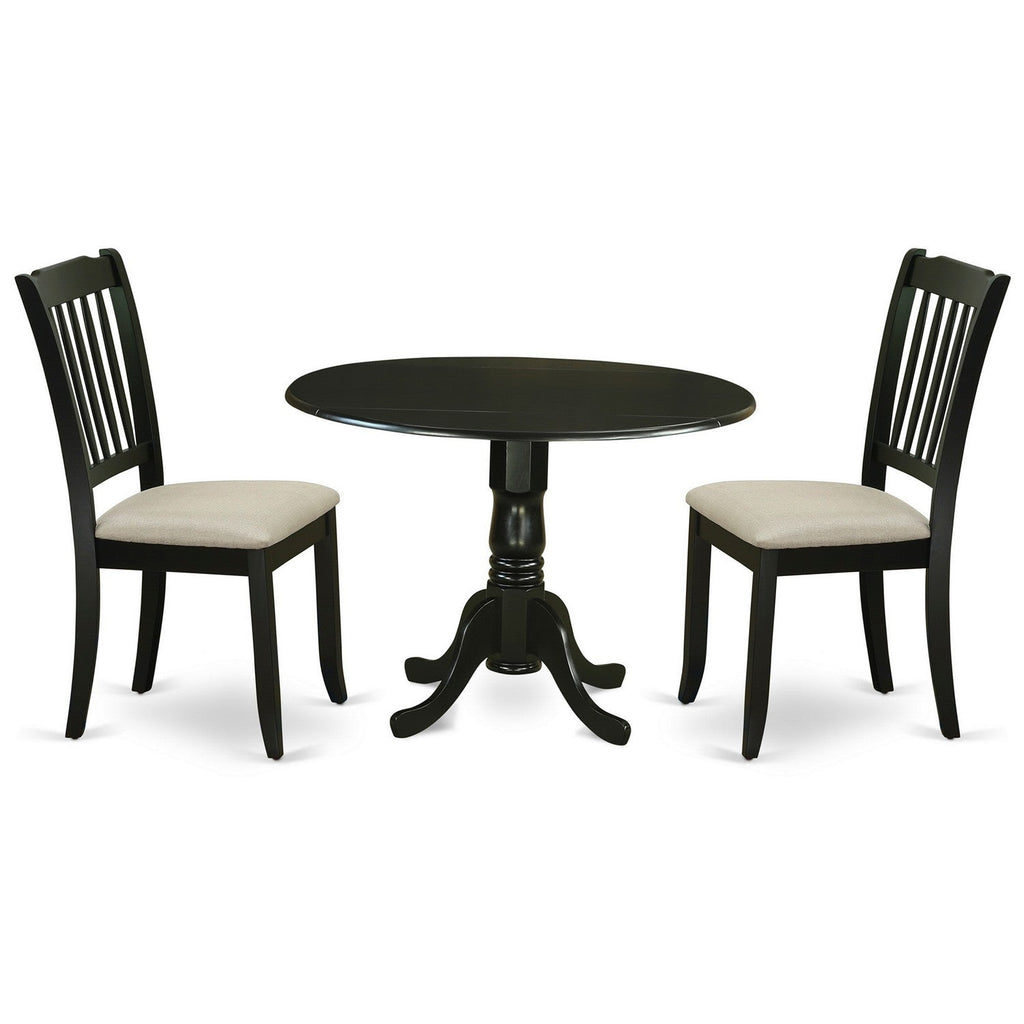 East West Furniture DLDA3-BLK-C 3 Piece Dining Set Contains a Round Dining Room Table with Dropleaf and 2 Linen Fabric Upholstered Kitchen Chairs, 42x42 Inch, Black