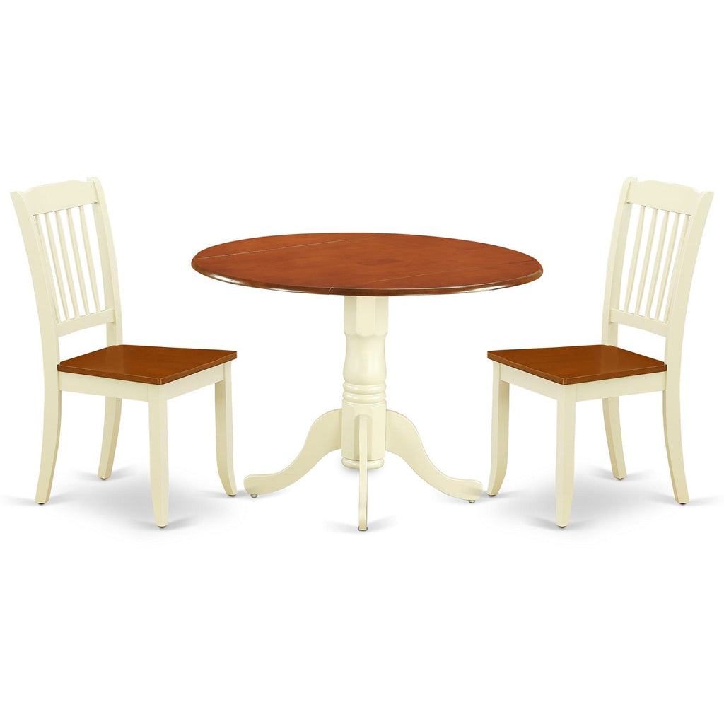 East West Furniture DLDA3-BMK-W 3 Piece Dining Room Furniture Set Contains a Round Dining Table with Dropleaf and 2 Wood Seat Chairs, 42x42 Inch, Buttermilk & Cherry