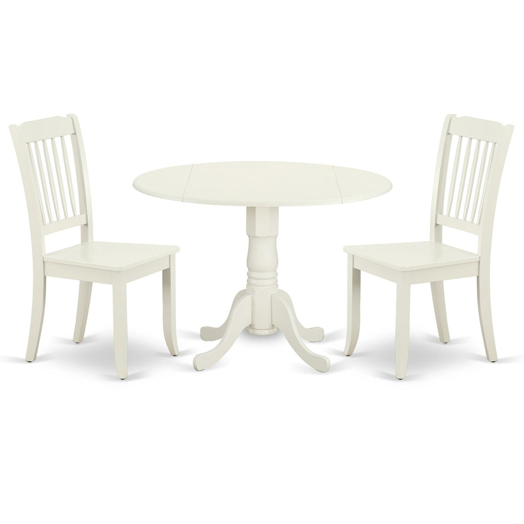 East West Furniture DLDA3-LWH-W 3 Piece Kitchen Table & Chairs Set Contains a Round Dining Room Table with Dropleaf and 2 Solid Wood Seat Chairs, 42x42 Inch, Linen White