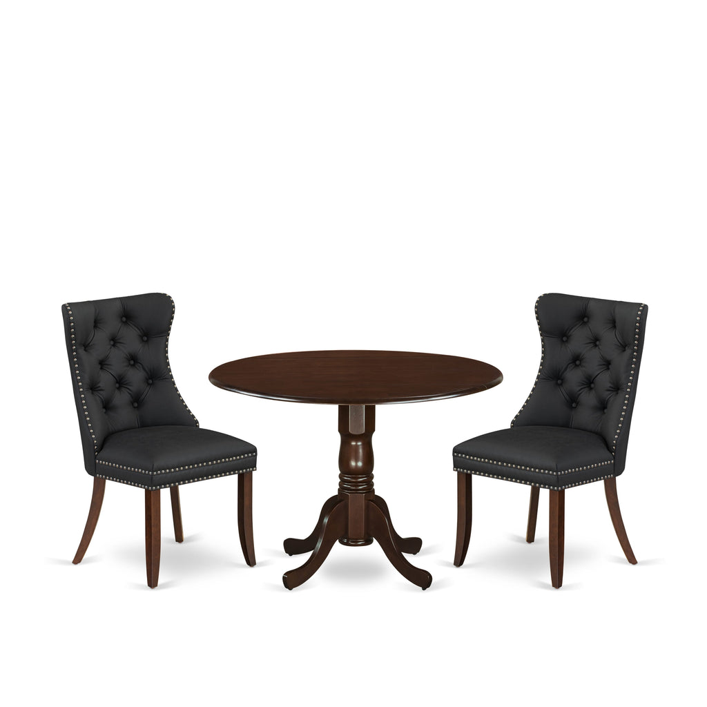 East West Furniture DLDA3-MAH-12 3 Piece Dining Table Set Includes a Round Kitchen Table with Dropleaf and 2 Upholstered Parson Chairs, 42x42 Inch, Mahogany