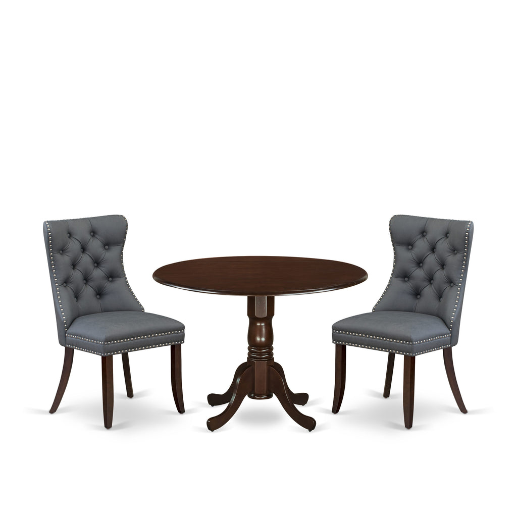 East West Furniture DLDA3-MAH-13 3 Piece Dining Table Set Consists of a Round Kitchen Table with Dropleaf and 2 Parson Chairs, 42x42 Inch, Mahogany