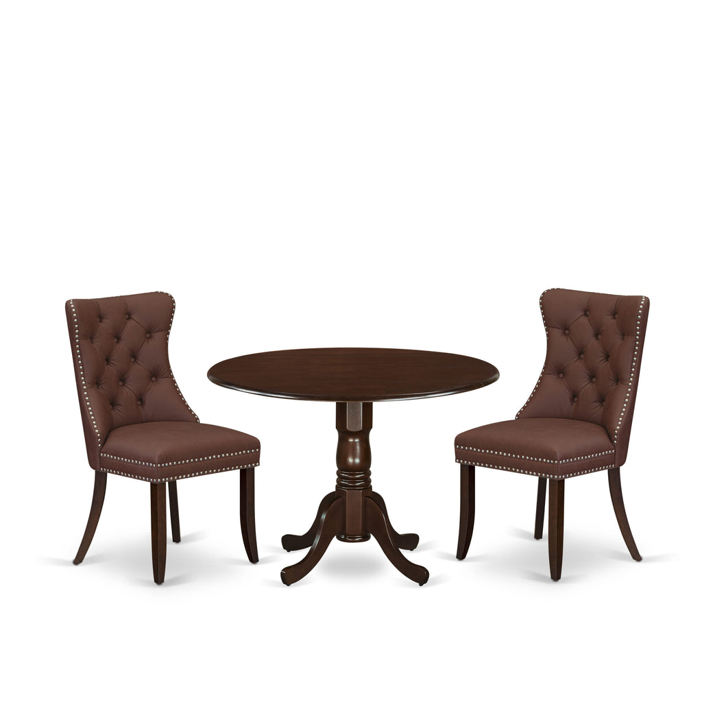 East West Furniture DLDA3-MAH-26 3 Piece Dining Table Set Includes a Round Kitchen Table with Dropleaf and 2 Upholstered Parson Chairs, 42x42 Inch, Mahogany