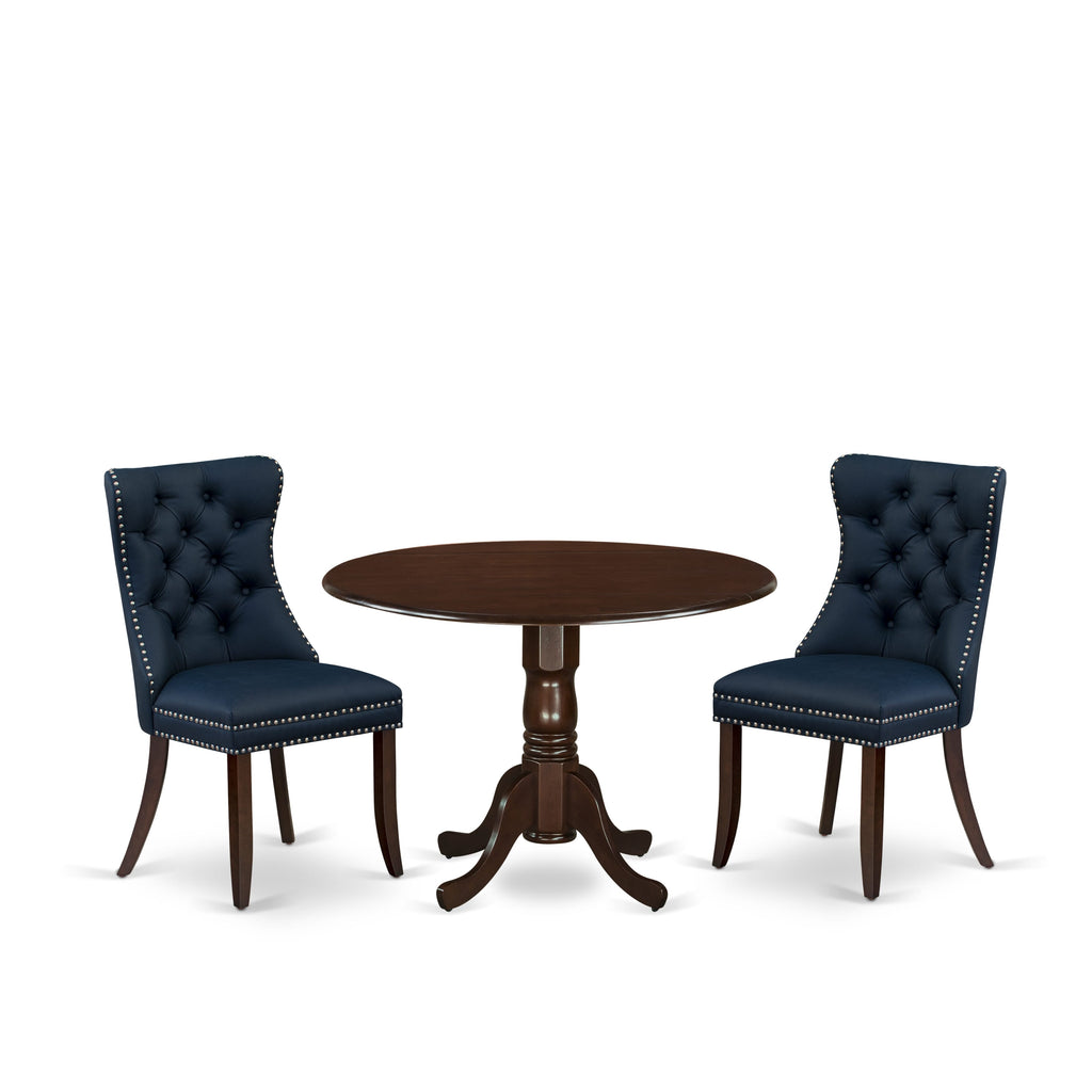 East West Furniture DLDA3-MAH-29 3 Piece Modern Dining Table Set Consists of a Round Kitchen Table with Dropleaf and 2 Padded Chairs, 42x42 Inch, Mahogany