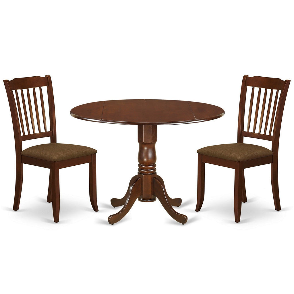 East West Furniture DLDA3-MAH-C 3 Piece Modern Dining Table Set Contains a Round Wooden Table with Dropleaf and 2 Linen Fabric Dining Room Chairs, 42x42 Inch, Mahogany