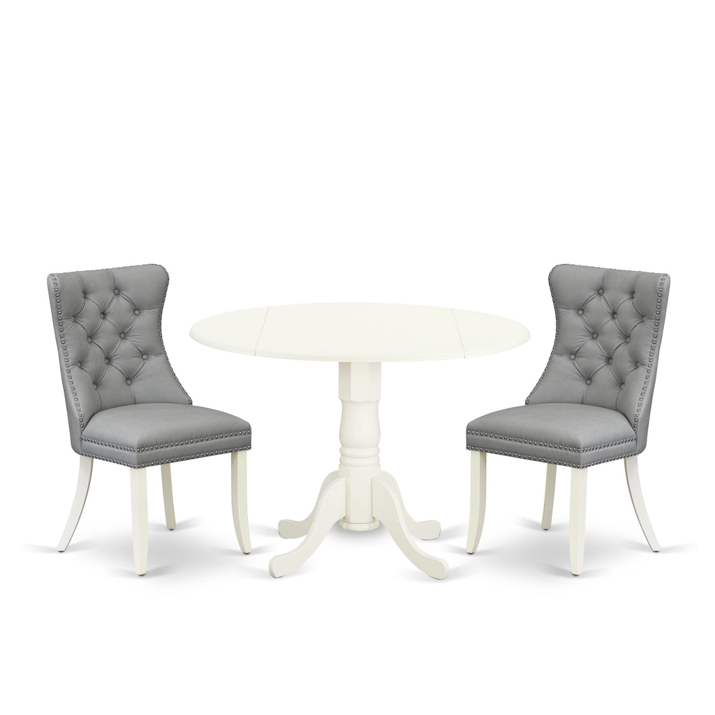 East West Furniture DLDA3-WHI-27 3 Piece Dinette Set for Small Spaces Consists of a Round Dining Table with Dropleaf and 2 Upholstered Parson Chairs, 42x42 Inch, linen white