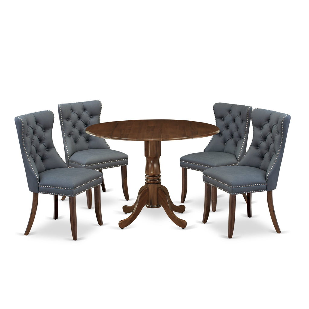 East West Furniture DLDA5-AWA-13 5 Piece Dining Table Set Includes a Round Kitchen Table with Dropleaf and 4 Upholstered Parson Chairs, 42x42 Inch, Antique Walnut