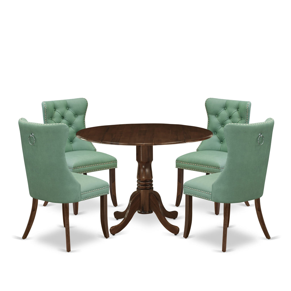 East West Furniture DLDA5-AWA-22 5 Piece Dining Table Set Consists of a Round Kitchen Table with Dropleaf and 4 Upholstered Parson Chairs, 42x42 Inch, Antique Walnut